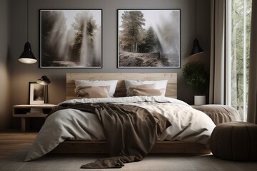 Scandinavian bedroom poster concept in 3D, with clean design and modern look. Generative AI