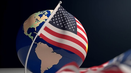 FLag of USA is attached on a world globe, development concept