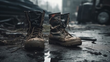 Abandoned Soldier's Military Boots, Forgotten Footwear, Symbol of Bravery, Poignant Moment, War Remnants, Generative AI Illustration