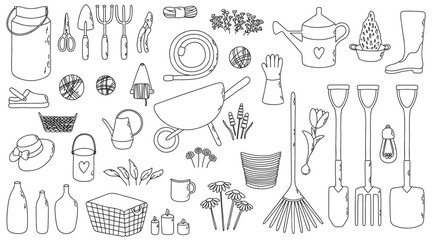 Big garden vector set with wheelbarrow, gloves, scissors, rubber boots, watering can, hat and other. Outline illustration