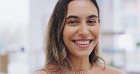 Face, happy and funny with a business woman in the office, laughing at a joke while feeling positive. Portrait, smile and humor with a young carefree female employee having fun in the workplace - Powered by Adobe