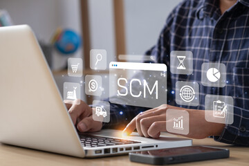 businessman analyze supply chain management SCM. .Business, Technology, Internet and network concept.