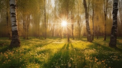 Birch grove in spring on sunny day with beautiful carpet of juicy green young grass and dandelions in rays of sunlight. AI generative