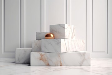 Round white marble pedestal, 3d pedestal, white marble-patterned ceramic floor tiles from generative ai