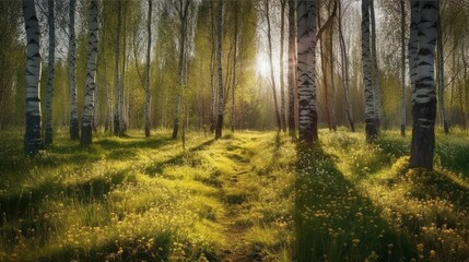 Obraz premium Birch grove in spring on sunny day with beautiful carpet of juicy green young grass and dandelions in rays of sunlight. AI generative