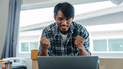 Mixed race Asian indian ethnicity young man chinese transport shipment delivery service sme parcel...