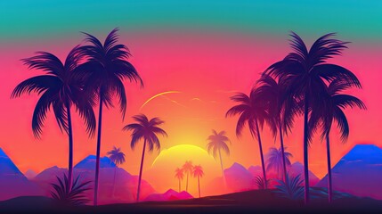 Naklejka na ściany i meble Palm trees on the background of a colorful bright sunset, red sun. Summer tropics vacation