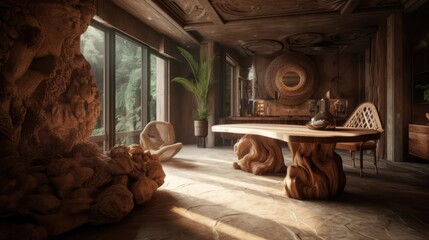 Enchanting Wooden Home Interior, Natural Timber Furnishings, Cozy Rustic Atmosphere, Harmony with Nature, Charming Living Space, Generative AI Illustration