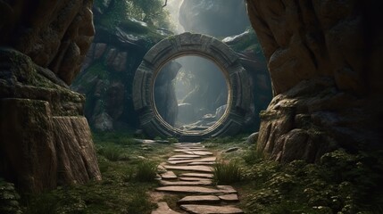 Round stone portal in the forest, an abandoned temple. Path made of stones in the forest - obrazy, fototapety, plakaty