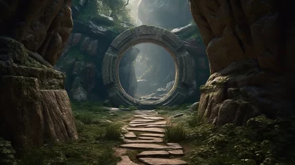 Poster Round stone portal in the forest, an abandoned temple. Path made of stones in the forest © Mars0hod