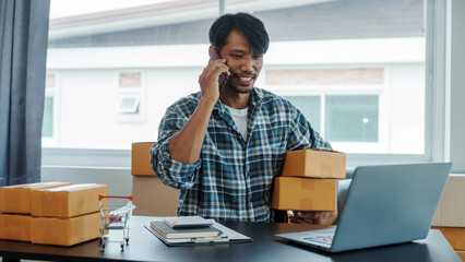 Mixed race Asian indian ethnicity young man chinese transport shipment delivery service sme parcel...