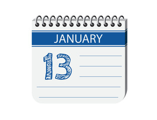 13 january one day notebook, memo, diary, appointment calendar vector. Blue 3d one day appointment calendar illustration. Abstract three dimensional daily date appointment, agenda, event calendar. 
