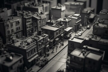 A miniature depiction of a drab urban area in grayscale. Generative AI