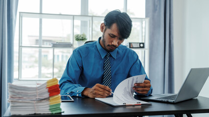 Portrait of mixed race positive successful indian asian chinese company ceo businessman freelancer or recruitment broker working in office, smiling friendly