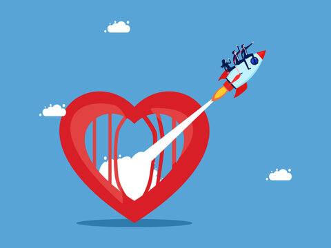 Independent mind concept. Group of businessmen riding a rocket flying out of the heart vector