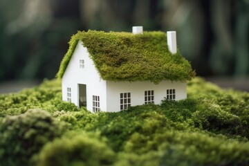 White house on moss copy space background in garden from generative ai