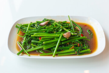 Stir fried vegetable fern with oyster sauce in a white plate