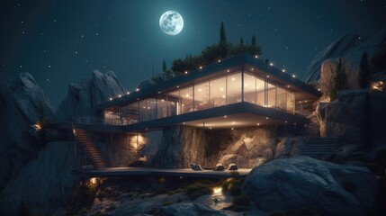 Breathtaking Modern Architectural Marvel, Nighttime Ambiance, Starlit Sky, Futuristic Design, Celestial Serenity, Generative AI Illustration