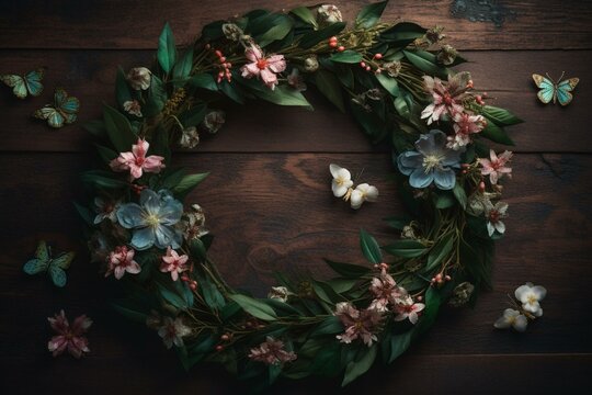 Floral wreath with leaves and blossoms in circular frame. Generative AI