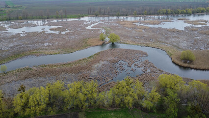 River landscape background. Spring nature.  Flying photo.