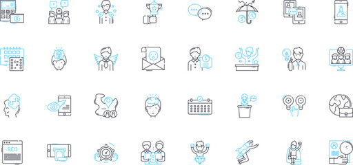 Fototapeta premium Business creation linear icons set. Entrepreneurship, Startups, Innovation, Funding, Strategy, Marketing, Branding line vector and concept signs. Nerking,Management,Expansion outline Generative AI