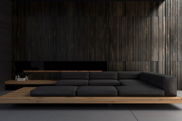 contemporary living room with a sleek black couch as the centerpiece. Generative AI