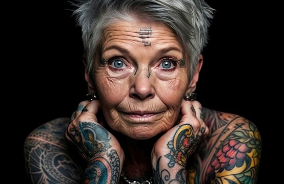 Portrait Of A Senior Person With Tattoos: Elderly Attractive Lady With Many Wrinkles On Her Face And Tattoos On Her Arms And Shoulders On A Black Background. Generative AI