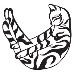 Funny fat striped cat vector illustration isolated on white background. Hand-drawn silhouette drawing of a tabby cat. Calligraphy image. Tattoo design.
