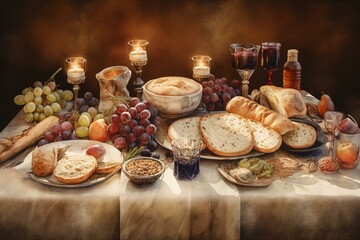 Watercolor of Holy Communion/Last Supper. Wine, bread, grapes, and wheat. Easter service, Catholicism. Generative AI