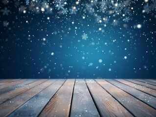 Winter snowy stage background with wooden flooring and Christmas lights on blue background, banner format, copy space. AI generative