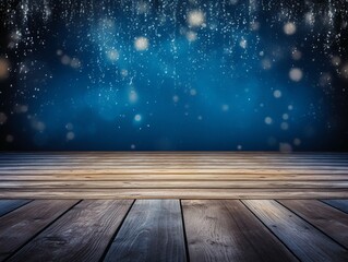 Winter snowy stage background with wooden flooring and Christmas lights on blue background, banner format, copy space. AI generative