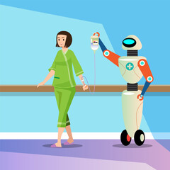 Robots take care of general patients. Assist in moving in the hospital. Technology in caring for patients and the disabled.