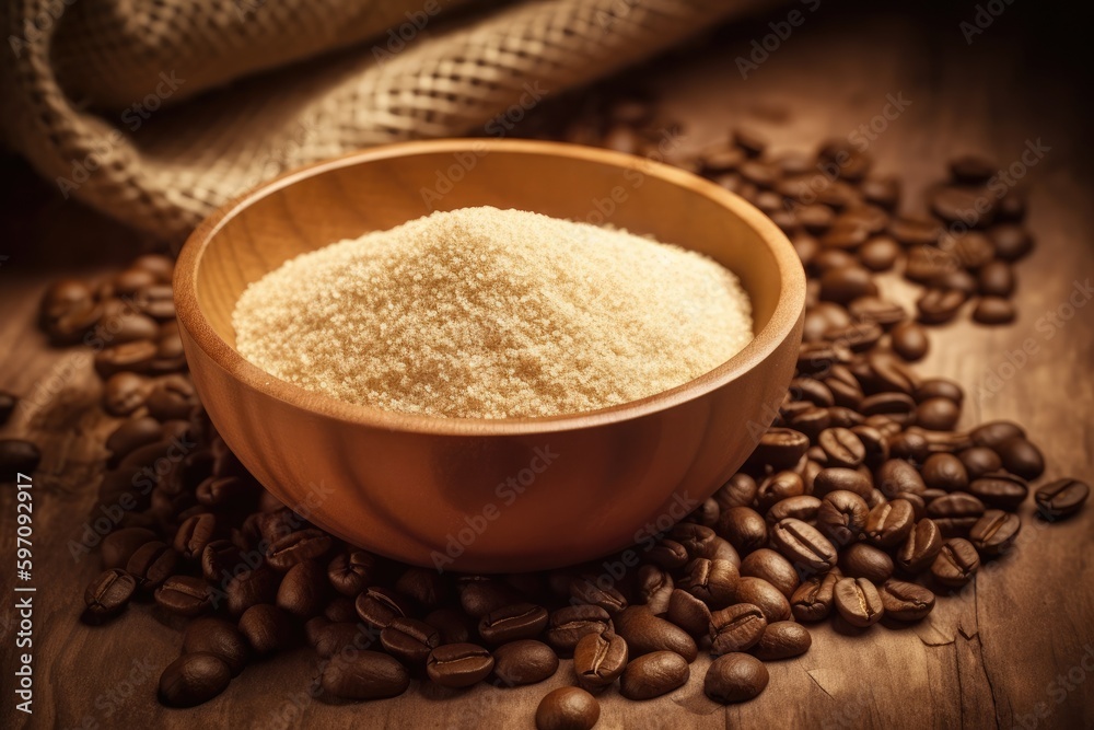 Poster wooden bowl filled with sugar and coffee beans. generative ai