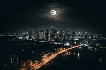 Fototapeta na wymiar City skyline shines in moonlight. Generative AI