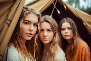 Group of happy vintage Teenage Girls on Camping or Glamping Trip in Countryside. Digital ai art