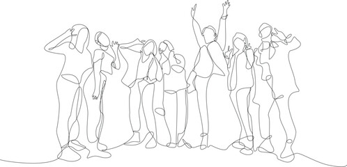 Fototapeta na wymiar Outline of group of young girlfriends and boyfriends in casual clothes drawn with single line against white background
