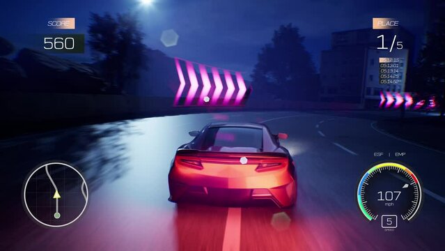 3D computer graphics of racing simulator. Sports car drifting and driving fast on modern urban roadway in night city. Gameplay of racing video game with interface. Playback on PC or mobile screen.