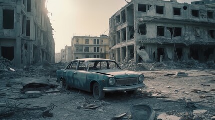 Obraz premium A wrecked car against the backdrop of a war-torn city. Generative AI