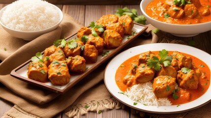 A Plate of Chicken Tikka Masala, Served with Fluffy Basmati Rice.  Spiced Sauce. Indian Dish. Yummy Food. Generative AI.