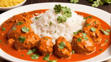 A Plate of Chicken Tikka Masala, Served with Fluffy Basmati Rice.  Spiced Sauce. Indian Dish. Yummy Food. Generative AI.