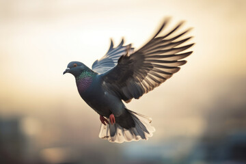 A beautiful pigeon spreads its wings. The pigeon in flight. Breathtaking pigeon flight. Generative AI