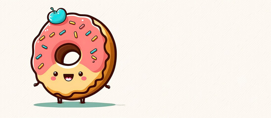 Fototapeta premium Funny donut character isolated on a white background. Panoramic Generative AI illustration with space for text.