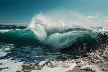 Obraz premium Sunny day, Beauty of marine nature, strength and power of the water element in form of a large turquoise sea wave crashing on shore. AI generative