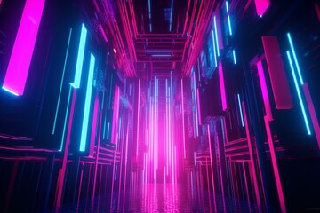 3D render of a futuristic neon pink and blue abstract background with glowing vertical panels. Fantastic wallpaper. Generative AI