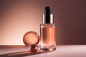 Oil serum glass bottle on a beautiful aesthetic background. Skin care serum. Cosmetics. Generative Ai.