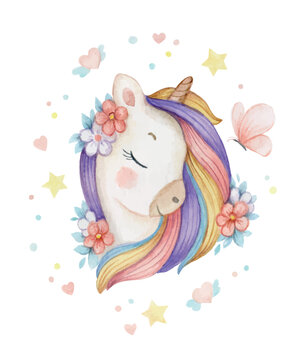 Cute watercolor unicorn with flowers, stars, hearts and a butterfly.