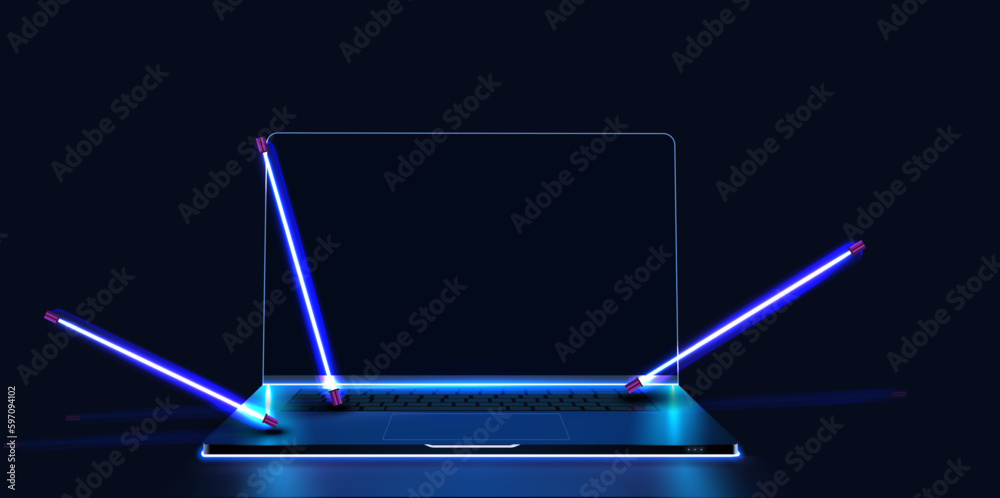 Leinwandbilder A portable neon computer with a blank screen and a desk in a dark room with blue lighting. Technological background with a laptop. Mockup new device. Vector illustration