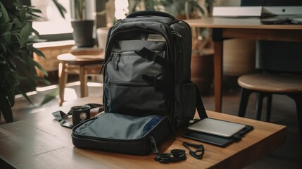 A compact travel backpack with accessories on a table in a cafe.
 - obrazy, fototapety, plakaty