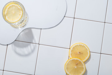 A geometric mirror with a glass of Lemon slice placed on against a white mosaic tiles background....