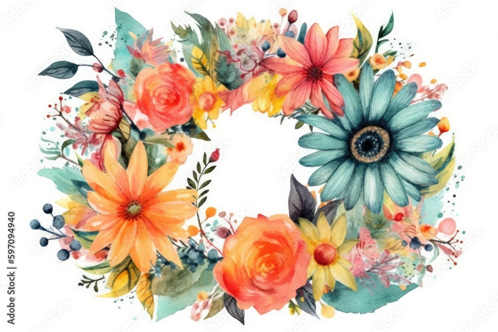 Sticker colorful floral wreath created with watercolors. Generative AI